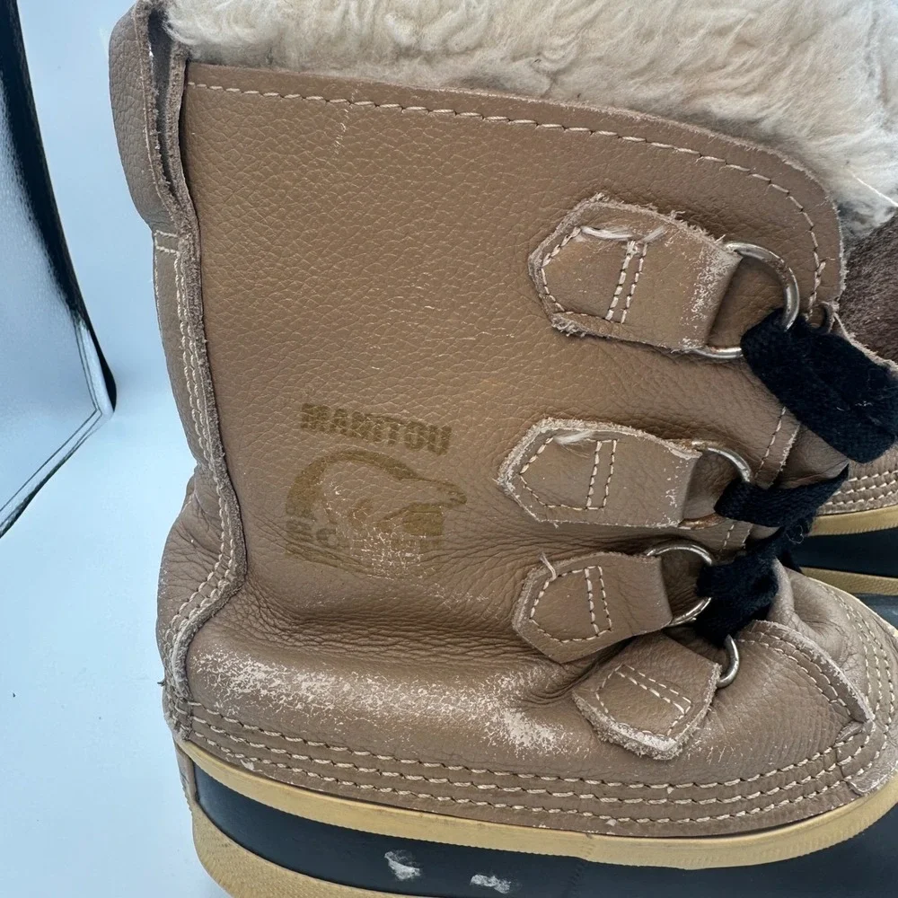 Sorel‎ Manitou Snow Winter Boots Tan Brown Leather Wool Blend Kids Size 7
